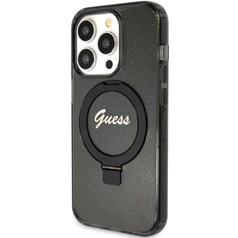 Funda rígida Guess GUHMP15XHRSGSK Ring Stand Script Glitter MagSafe para Apple iPhone 15 Pro Max, negra
