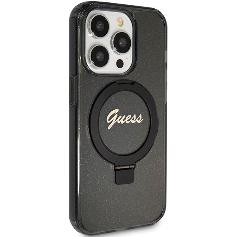 Funda rígida Guess GUHMP15XHRSGSK Ring Stand Script Glitter MagSafe para Apple iPhone 15 Pro Max, negra