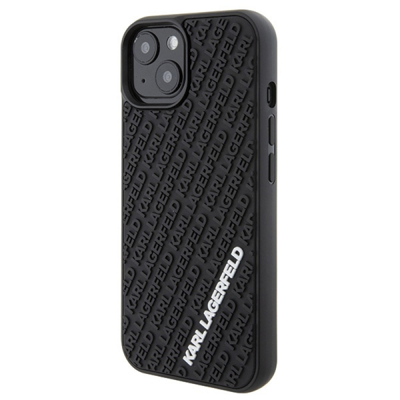 Funda rígida 3D Rubber Multi Logo para Apple iPhone 15, negra, Karl Lagerfeld KLHCP15S3DMKRLK