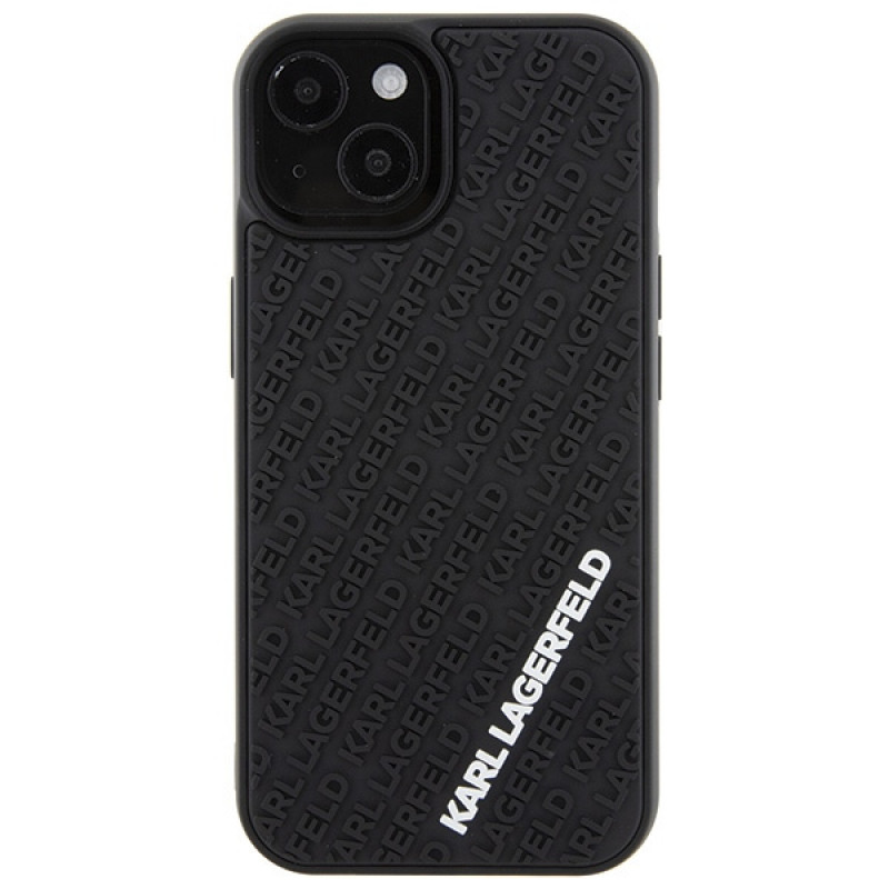 Funda rígida 3D Rubber Multi Logo para Apple iPhone 15, negra, Karl Lagerfeld KLHCP15S3DMKRLK