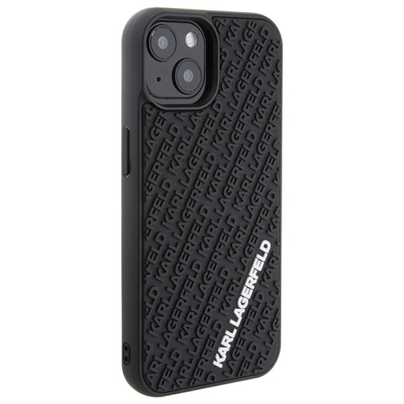 Funda rígida 3D Rubber Multi Logo para Apple iPhone 15, negra, Karl Lagerfeld KLHCP15S3DMKRLK