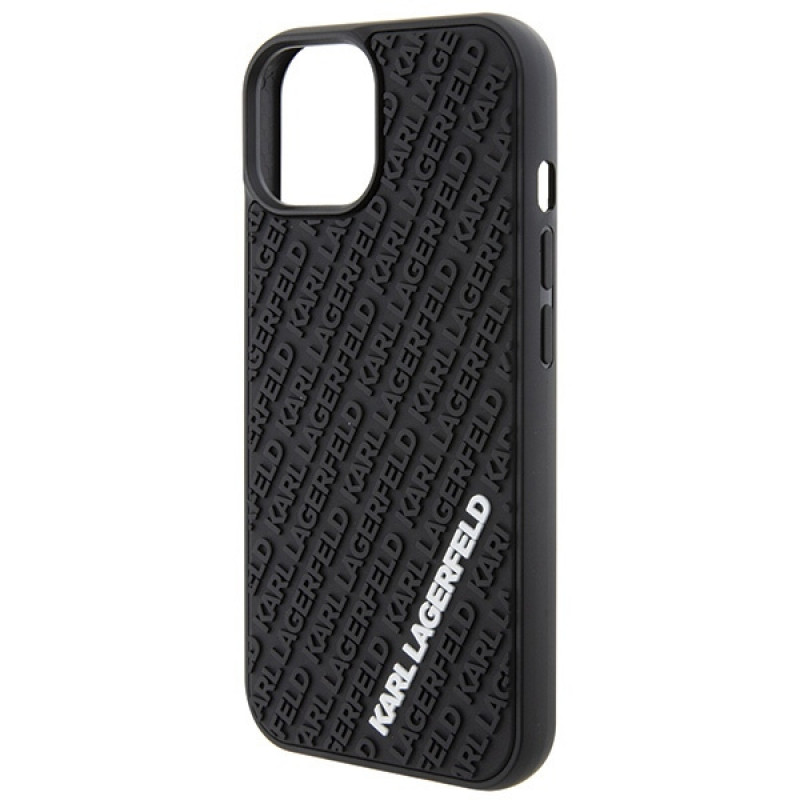 Funda rígida 3D Rubber Multi Logo para Apple iPhone 15, negra, Karl Lagerfeld KLHCP15S3DMKRLK