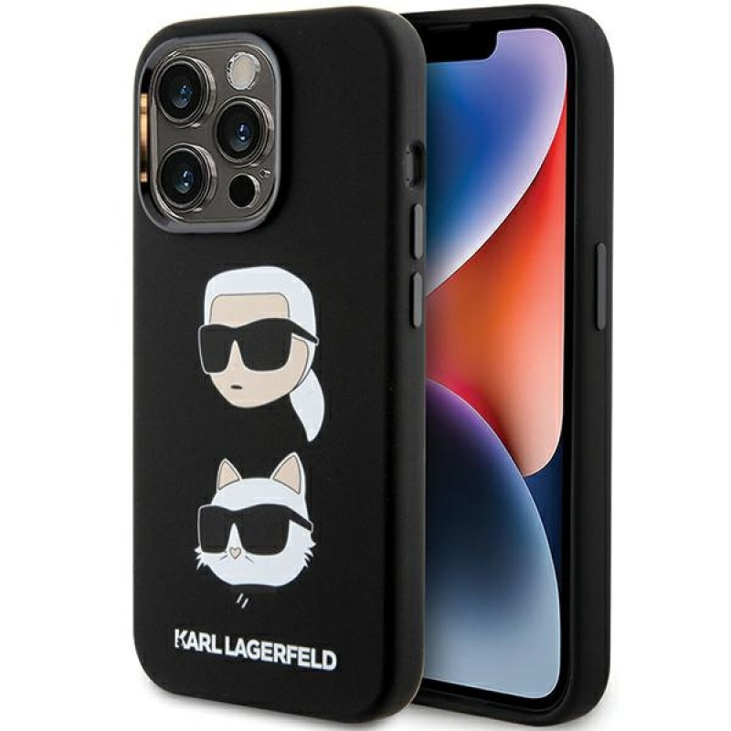 Funda de silicona líquida Karl and Choupette Heads Karl Lagerfeld KLHCP15XSDHKCNK para Apple iPhone 15 Pro Max, negra