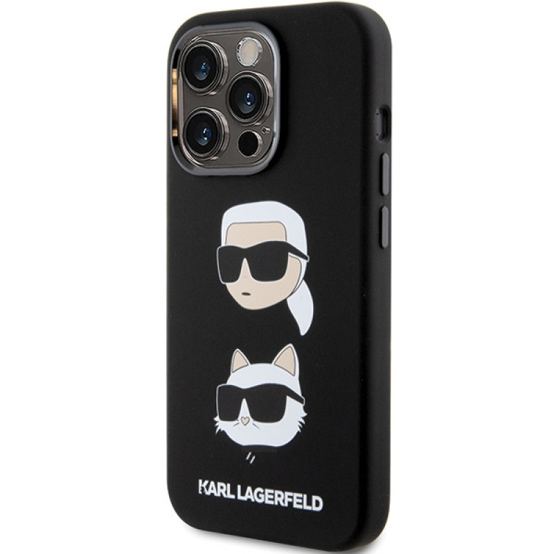 Funda de silicona líquida Karl and Choupette Heads Karl Lagerfeld KLHCP15XSDHKCNK para Apple iPhone 15 Pro Max, negra