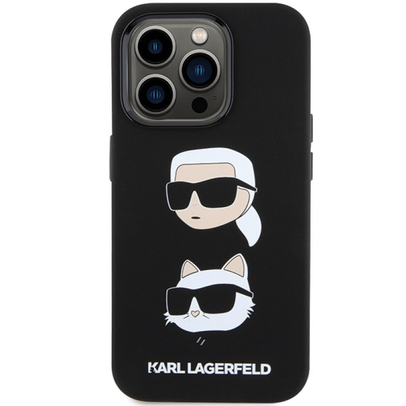 Funda de silicona líquida Karl and Choupette Heads Karl Lagerfeld KLHCP15XSDHKCNK para Apple iPhone 15 Pro Max, negra