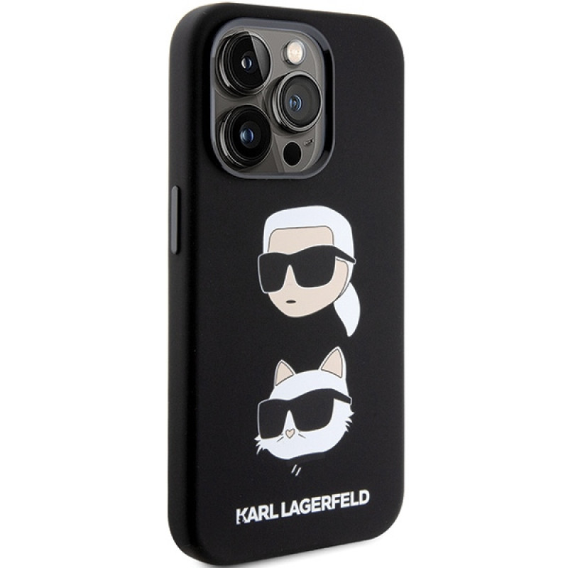 Funda de silicona líquida Karl and Choupette Heads Karl Lagerfeld KLHCP15XSDHKCNK para Apple iPhone 15 Pro Max, negra
