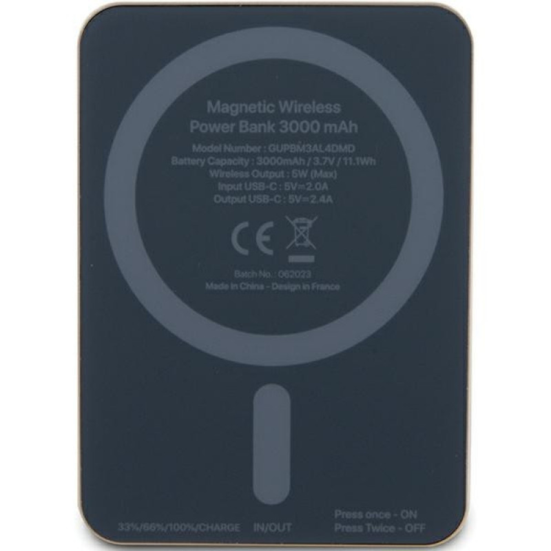 Guess GUPBM3AL4DMD Powerbank 3000 mAh, 5 W, MagSafe 4G Strassed Metal Logo, dorado