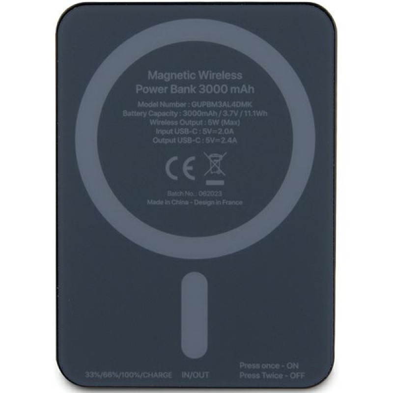 Guess GUPBM3ALGSGK Powerbank 3000 mAh, 5 W, MagSafe Metal Script Logo, negro