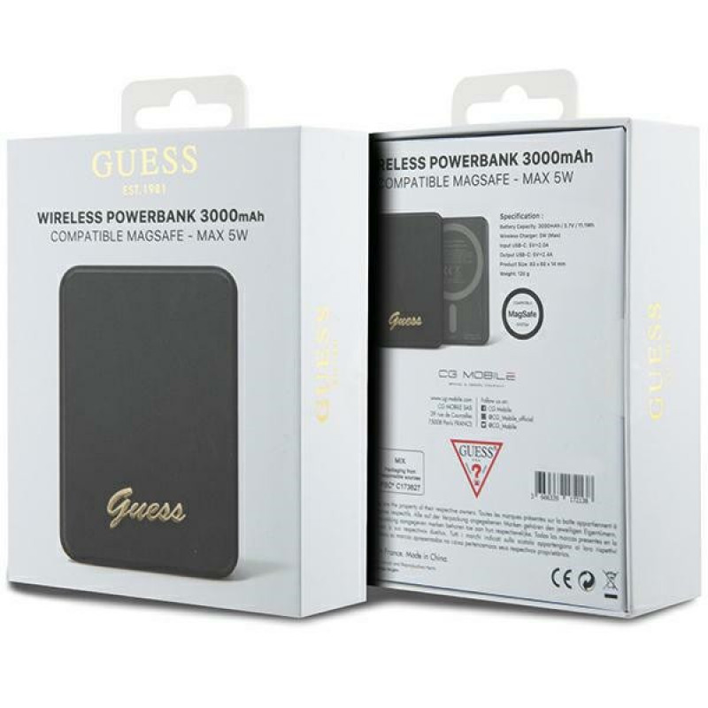 Guess GUPBM3ALGSGK Powerbank 3000 mAh, 5 W, MagSafe Metal Script Logo, negro