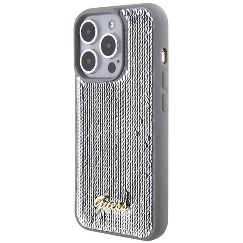 Funda rígida Guess GUHCP15LPSFDGSS Sequin Script Metal para Apple iPhone 15 Pro, plateada