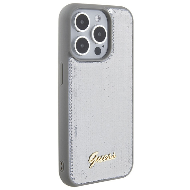 Funda rígida Guess GUHCP15LPSFDGSS Sequin Script Metal para Apple iPhone 15 Pro, plateada