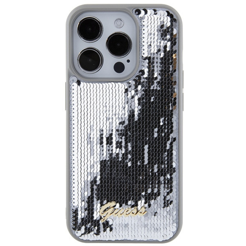 Funda rígida Guess GUHCP15XPSFDGSS Sequin Script Metal para Apple iPhone 15 Pro Max, plateada