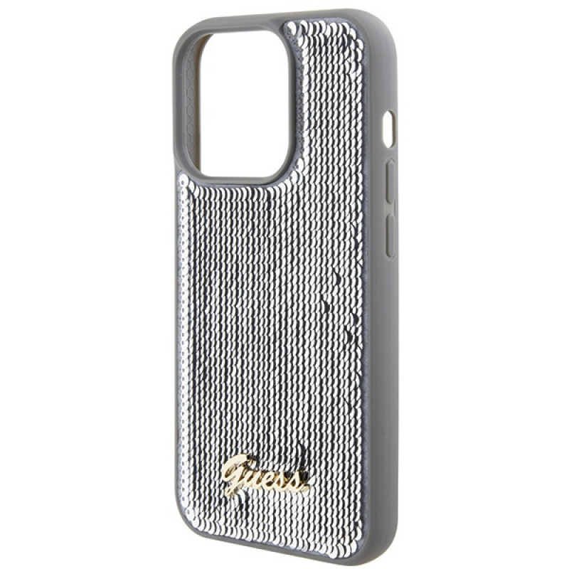 Funda rígida Guess GUHCP15XPSFDGSS Sequin Script Metal para Apple iPhone 15 Pro Max, plateada