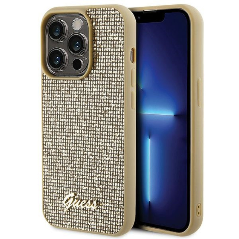 Guess GUHCP15LPMSDGSD Funda rígida Disco Metal Script para Apple iPhone 15 Pro, dorada