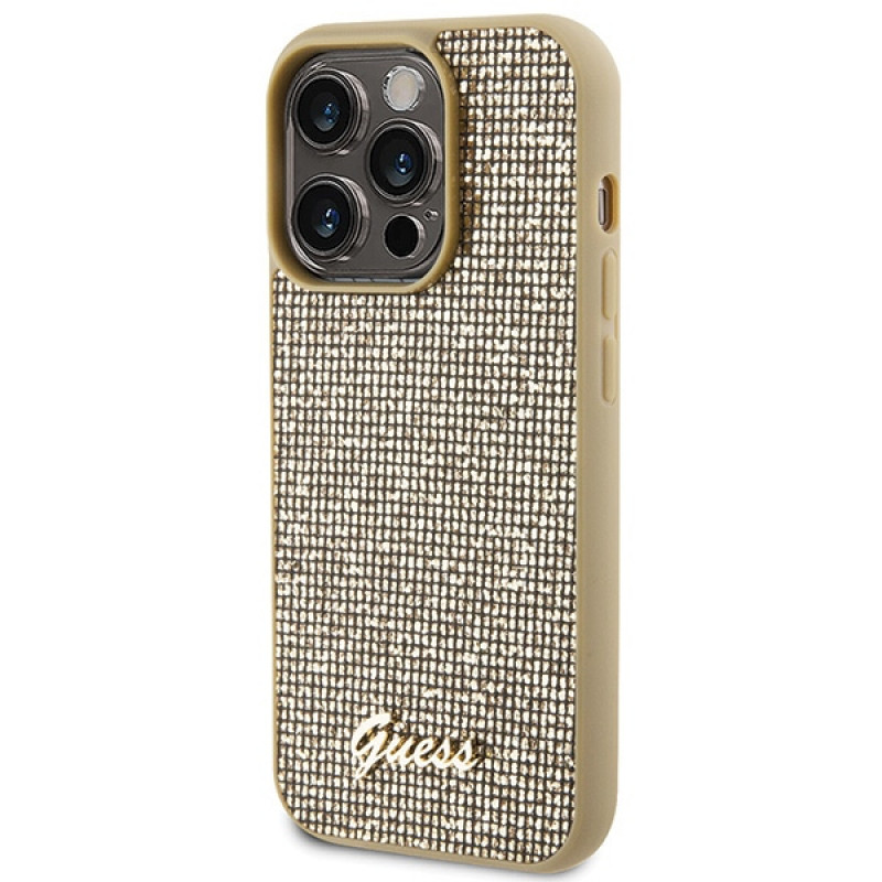 Guess GUHCP15LPMSDGSD Funda rígida Disco Metal Script para Apple iPhone 15 Pro, dorada