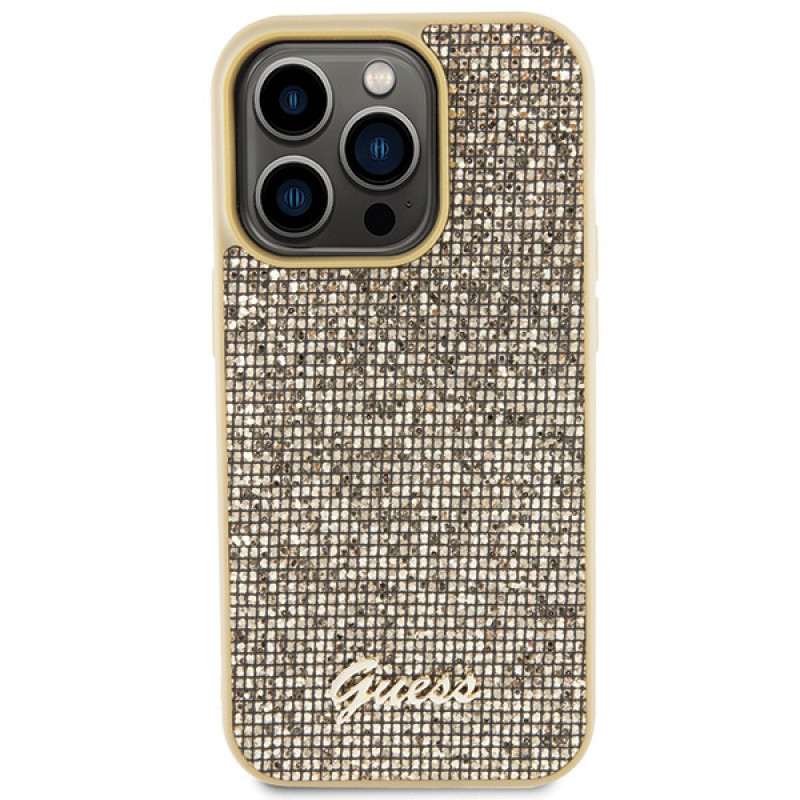 Guess GUHCP15LPMSDGSD Funda rígida Disco Metal Script para Apple iPhone 15 Pro, dorada