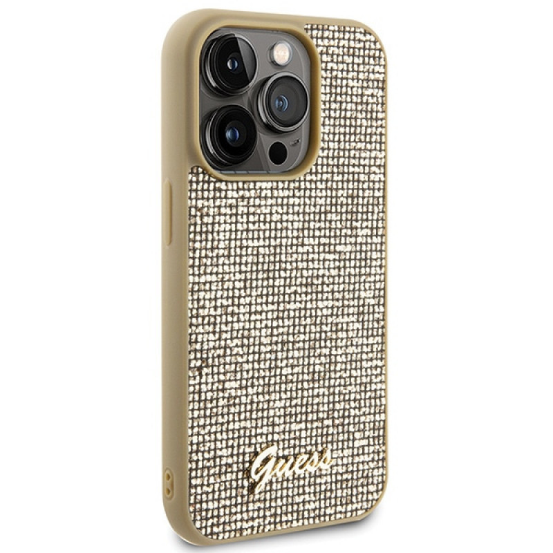 Guess GUHCP15LPMSDGSD Funda rígida Disco Metal Script para Apple iPhone 15 Pro, dorada