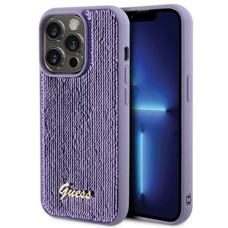 Funda rígida de metal Guess GUHCP15XPSFDGSU Sequin Script para Apple iPhone 15 Pro Max, morada