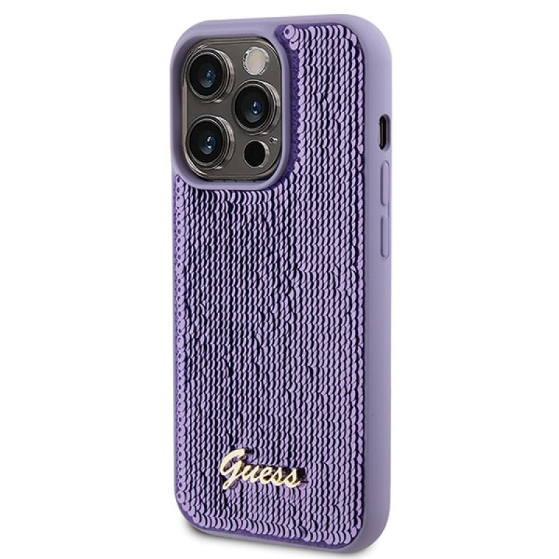 Funda rígida de metal Guess GUHCP15XPSFDGSU Sequin Script para Apple iPhone 15 Pro Max, morada