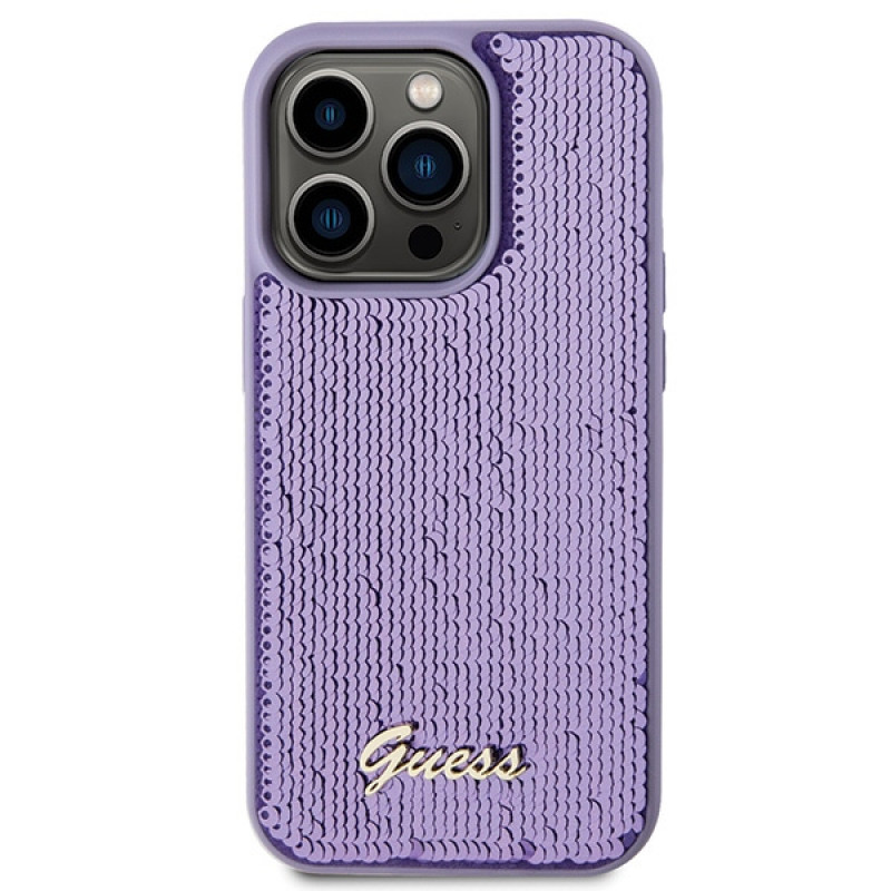 Funda rígida de metal Guess GUHCP15XPSFDGSU Sequin Script para Apple iPhone 15 Pro Max, morada