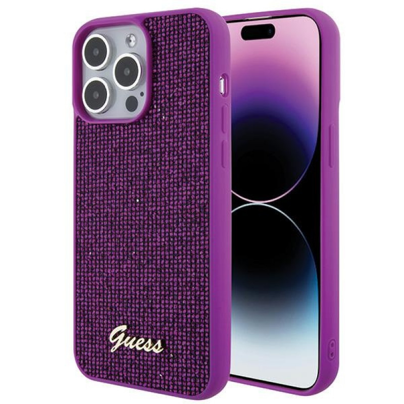 Guess GUHCP15XPMSDGSF Funda rígida Disco Metal Script para Apple iPhone 15 Pro Max, morada