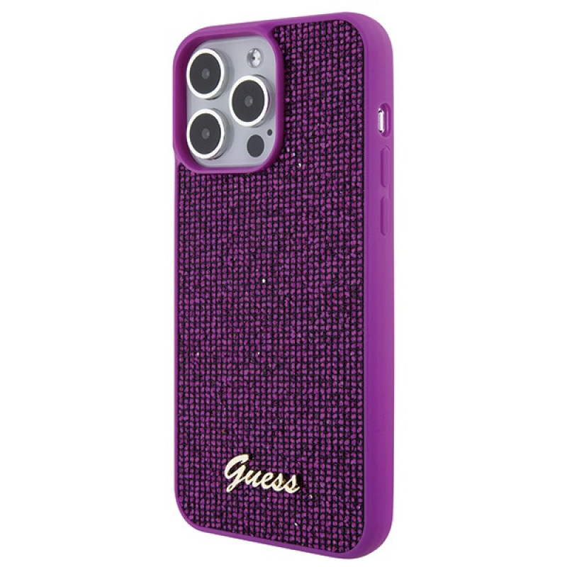 Guess GUHCP15XPMSDGSF Funda rígida Disco Metal Script para Apple iPhone 15 Pro Max, morada