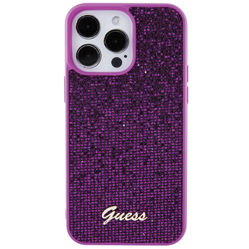 Guess GUHCP15XPMSDGSF Funda rígida Disco Metal Script para Apple iPhone 15 Pro Max, morada