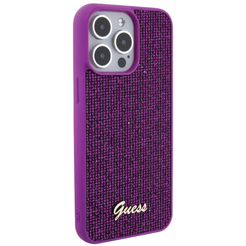 Guess GUHCP15XPMSDGSF Funda rígida Disco Metal Script para Apple iPhone 15 Pro Max, morada