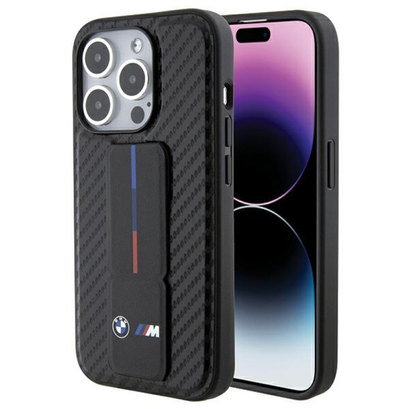 Funda rígida BMW BMHCP15LGSPCCK Apple iPhone 15 Pro Grip Stand Smooth & Carbon, negra