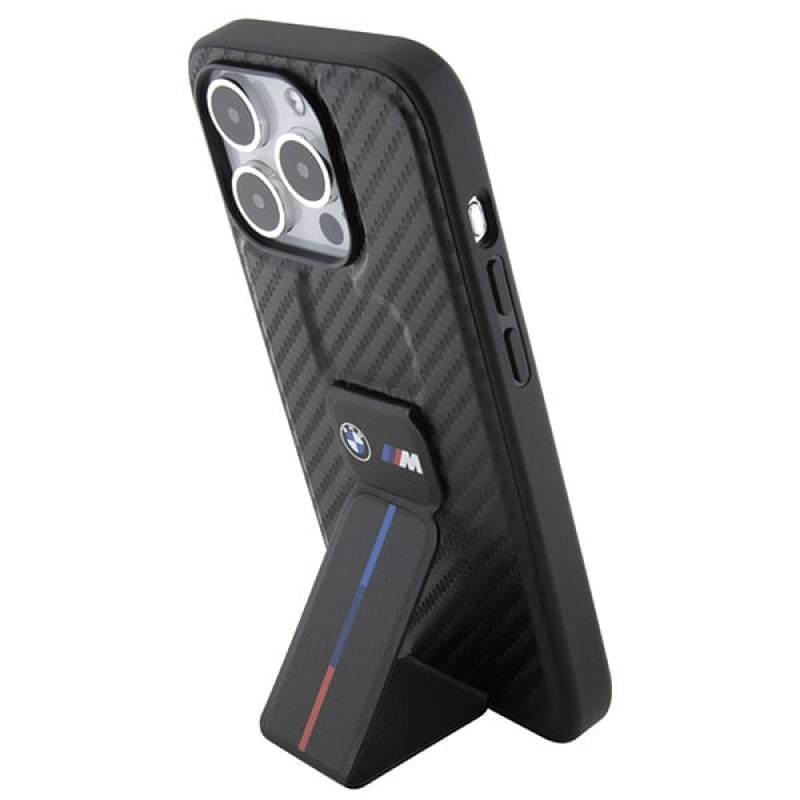 Funda rígida BMW BMHCP15LGSPCCK Apple iPhone 15 Pro Grip Stand Smooth & Carbon, negra