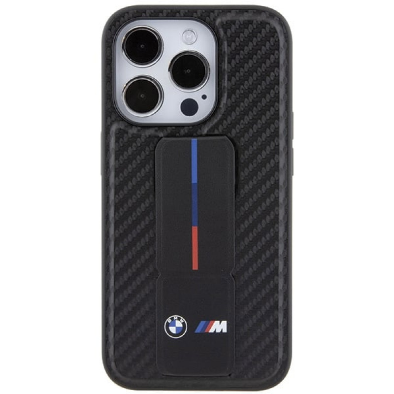 Funda rígida BMW BMHCP15LGSPCCK Apple iPhone 15 Pro Grip Stand Smooth & Carbon, negra