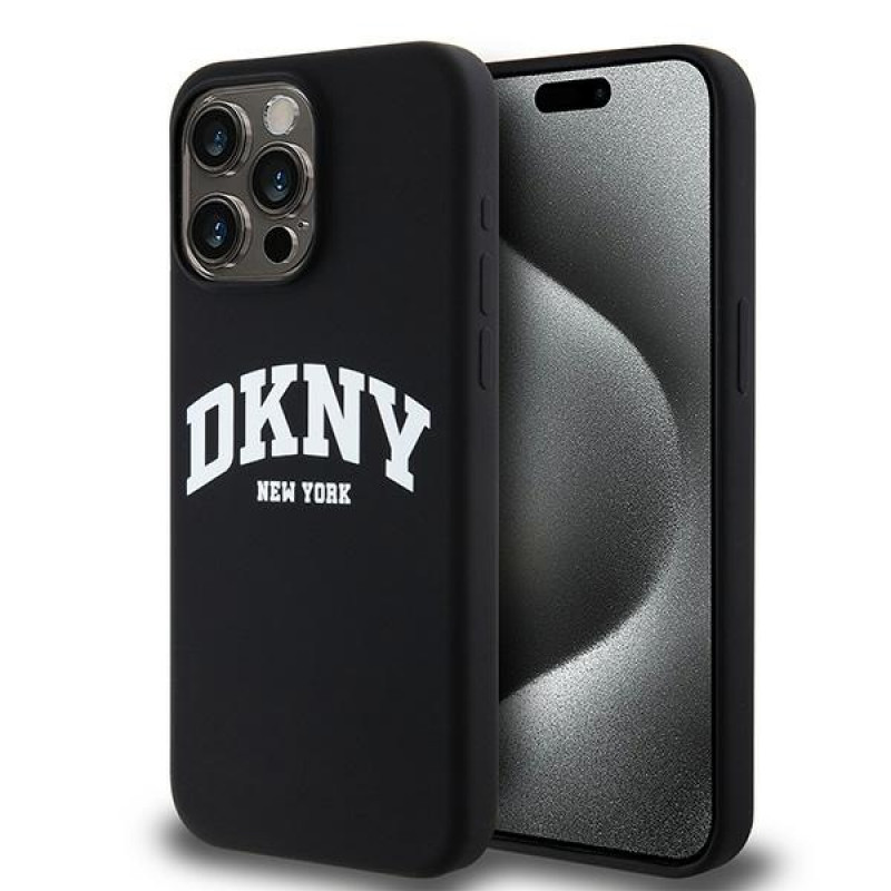 Funda rígida DKNY Apple iPhone 15 Pro Max Liquid Silicone White Printed Logo MagSafe, negra