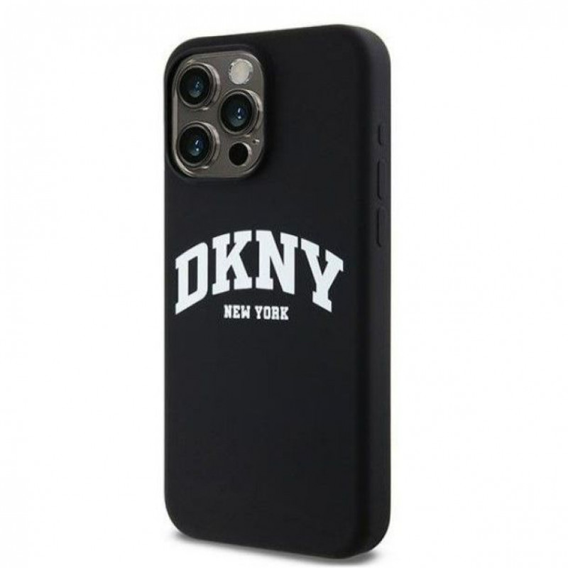 Funda rígida DKNY Apple iPhone 15 Pro Max Liquid Silicone White Printed Logo MagSafe, negra