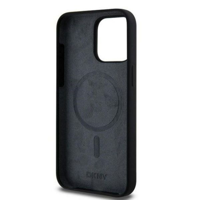 Funda rígida DKNY Apple iPhone 15 Pro Max Liquid Silicone White Printed Logo MagSafe, negra