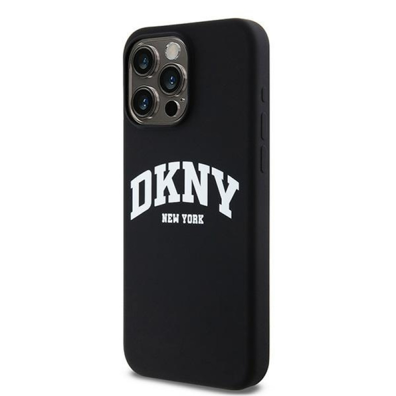 Funda rígida DKNY Apple iPhone 15 Pro Max Liquid Silicone White Printed Logo MagSafe, negra