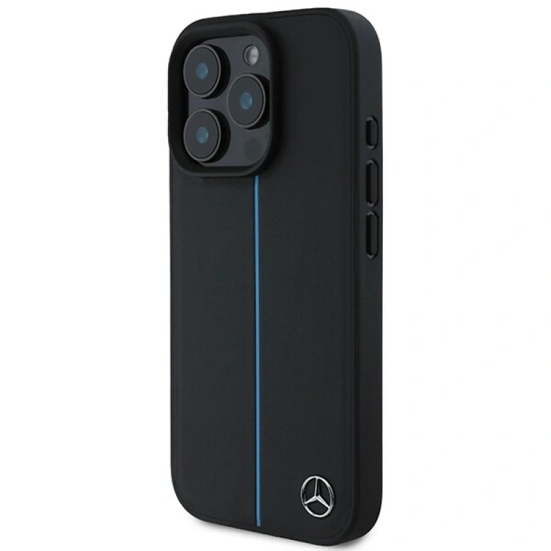 Mercedes MEHMP16L23RURBK Funda rígida para Apple iPhone 16 Pro MB Blue Line Leather MagSafe, negra