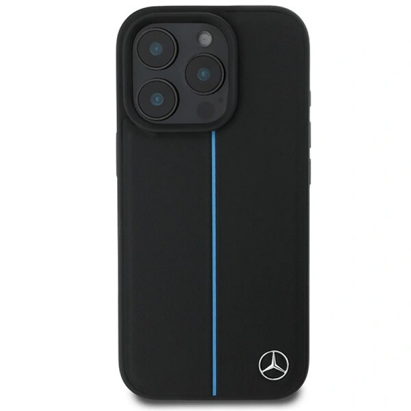 Mercedes MEHMP16L23RURBK Funda rígida para Apple iPhone 16 Pro MB Blue Line Leather MagSafe, negra