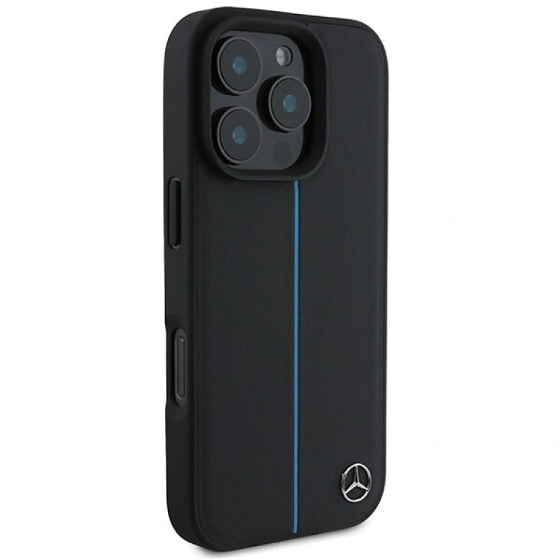 Mercedes MEHMP16L23RURBK Funda rígida para Apple iPhone 16 Pro MB Blue Line Leather MagSafe, negra