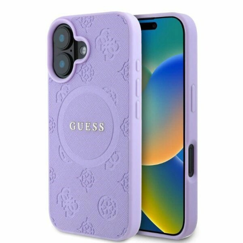 Funda MagSafe Guess Saffiano Peony Stamp para Apple iPhone 16, morada