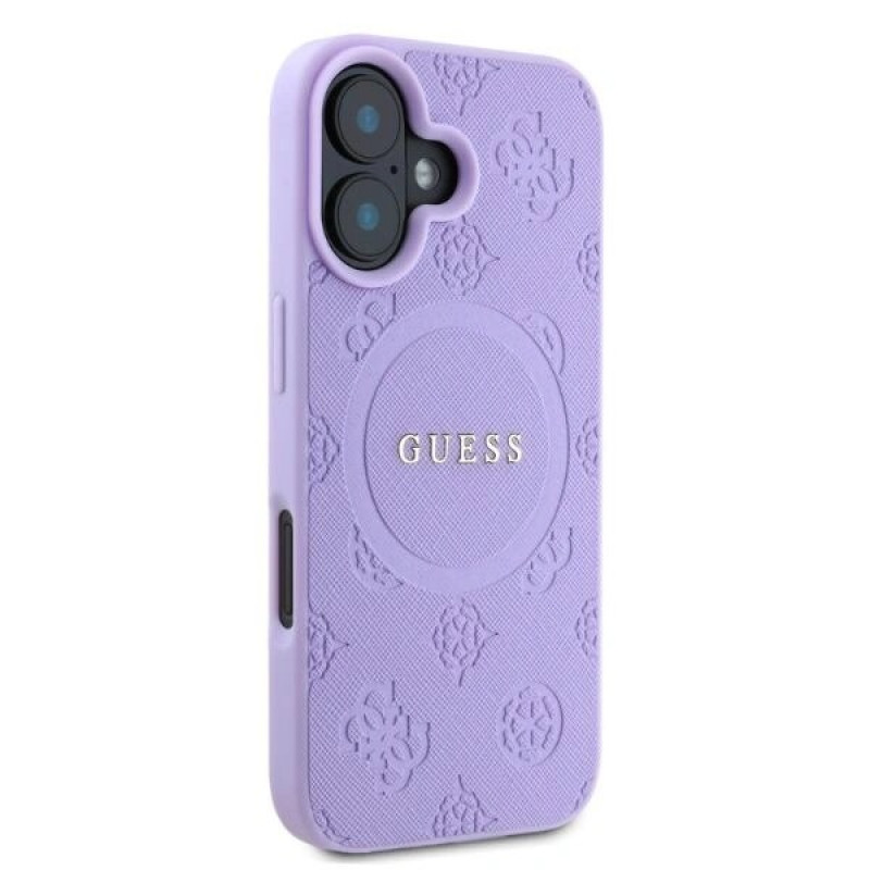 Funda MagSafe Guess Saffiano Peony Stamp para Apple iPhone 16, morada