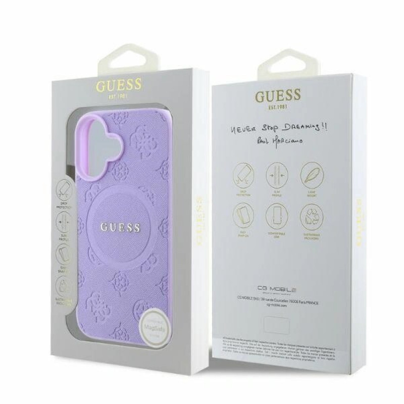 Funda MagSafe Guess Saffiano Peony Stamp para Apple iPhone 16, morada