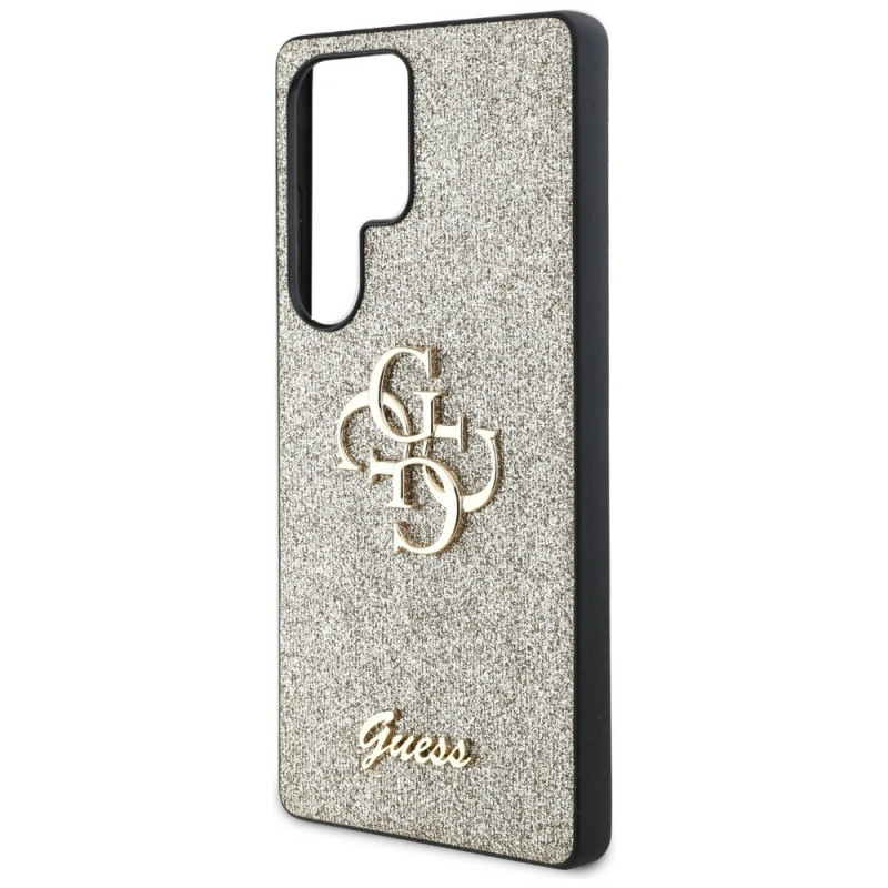 Funda rígida Guess Fixed Glitter Big 4G Metal Logo para Samsung Galaxy S25 Ultra, dorada