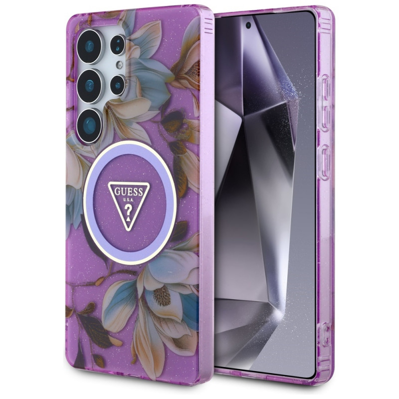 Funda MagSafe Guess Glitter Flowers Triangle Buttons para Samsung Galaxy S25 Ultra, morada