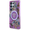 Funda MagSafe Guess Glitter Flowers Triangle Buttons para Samsung Galaxy S25 Ultra, morada