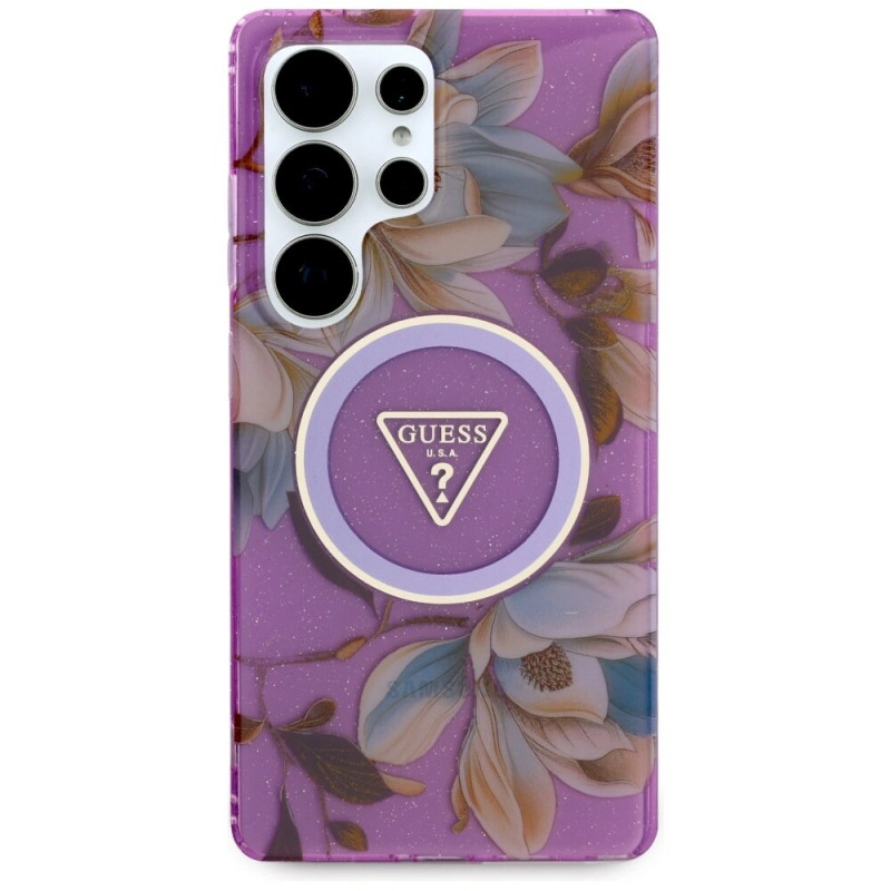 Funda MagSafe Guess Glitter Flowers Triangle Buttons para Samsung Galaxy S25 Ultra, morada