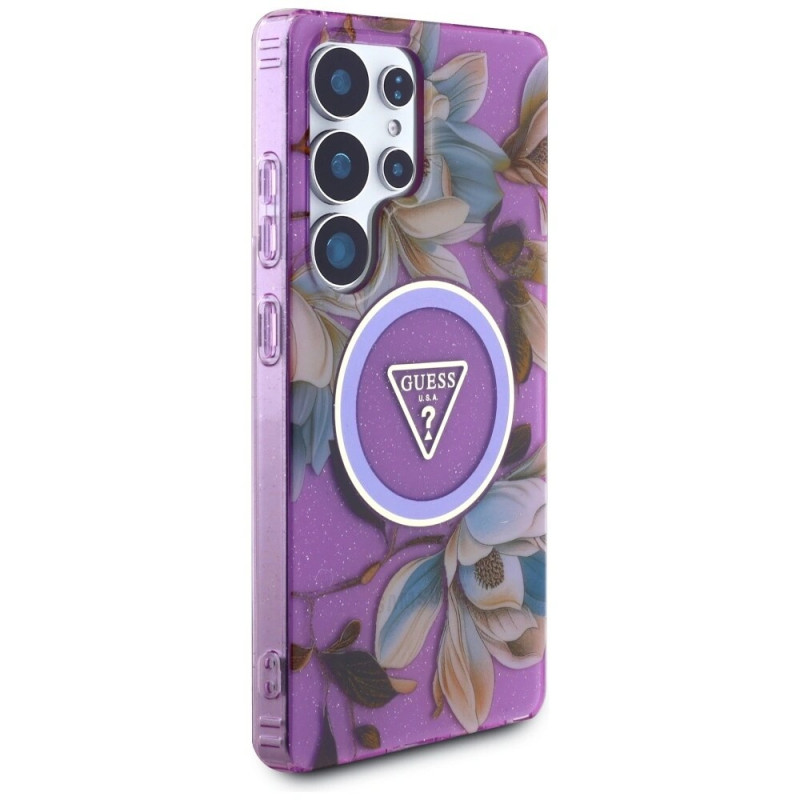 Funda MagSafe Guess Glitter Flowers Triangle Buttons para Samsung Galaxy S25 Ultra, morada