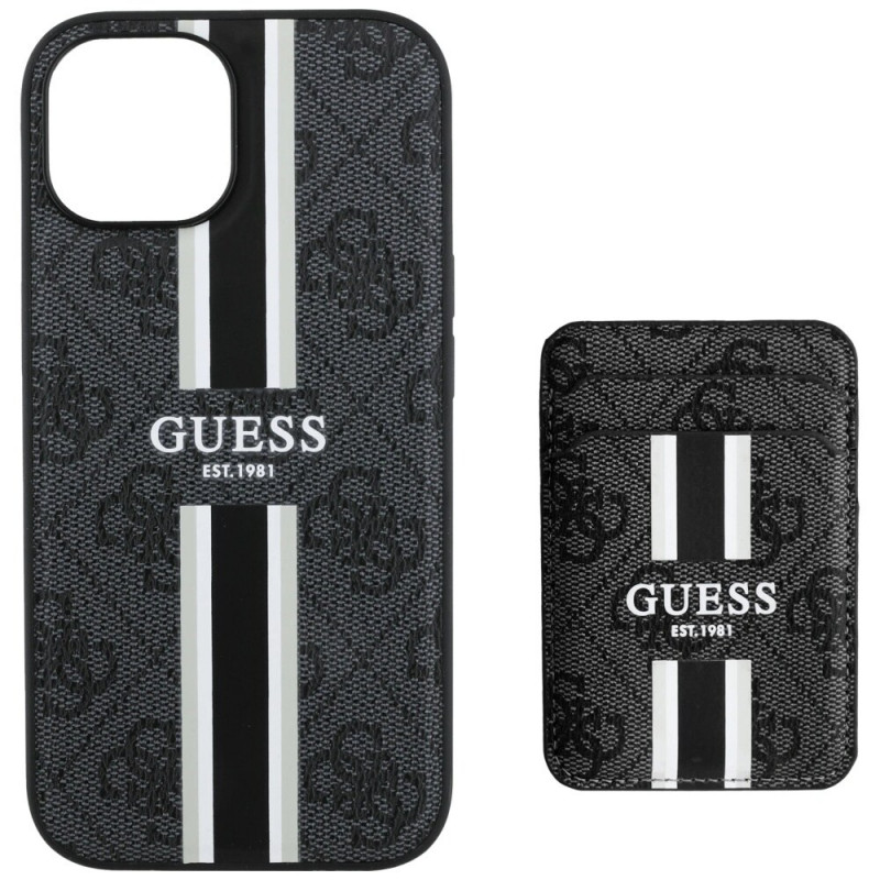 Funda Guess 4G Stripes MagSafe con cartera para Apple iPhone 15, negra