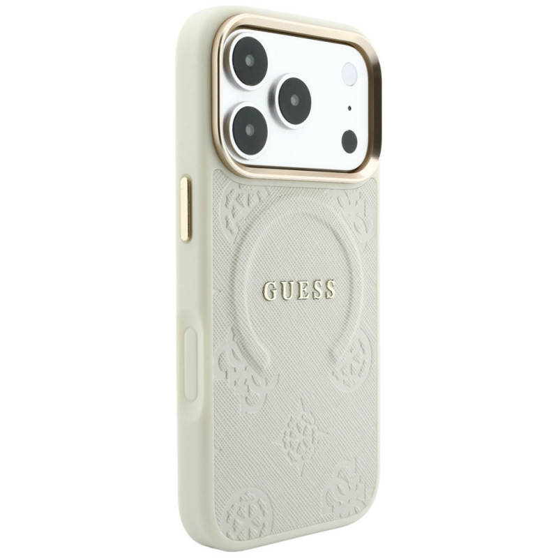 Funda MagSafe Guess Saffiano Peony & Ring para Apple iPhone 18 Pro / 17 Pro, beige