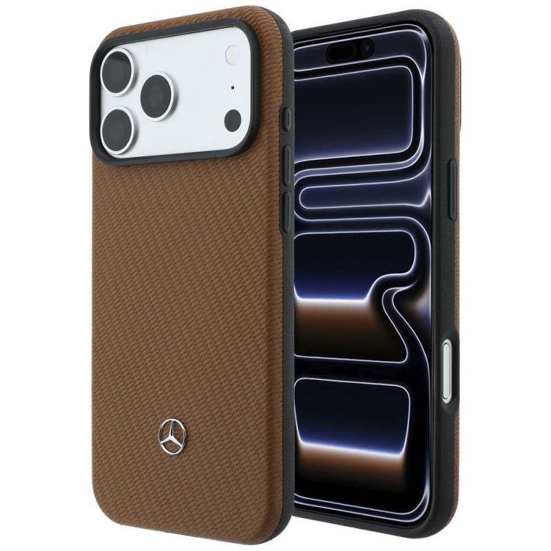 Funda MagSafe de piel con patrón de parrilla Mercedes-Benz y set de cartera para tarjetas para Apple iPhone 18 Pro Max / 17 Pro Max, camel