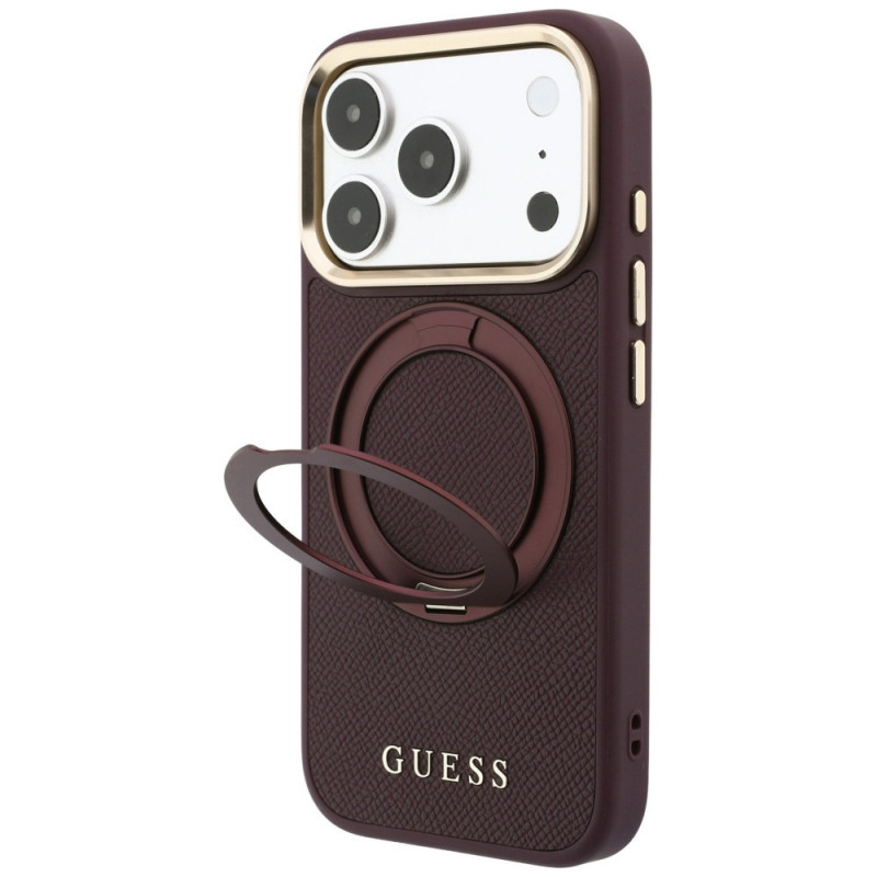 Funda Guess Ring Stand 360 Grained Classic Logo MagSafe para Apple iPhone 18 Pro / 17 Pro, burdeos